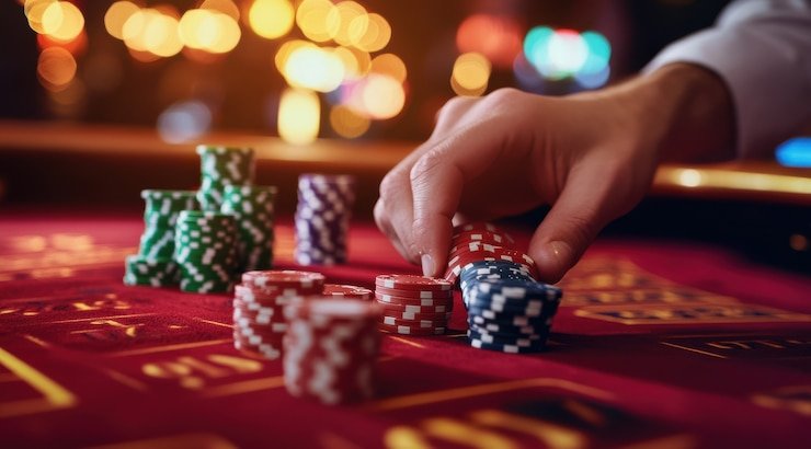 Roulette table showing spinning wheel and player betting layout